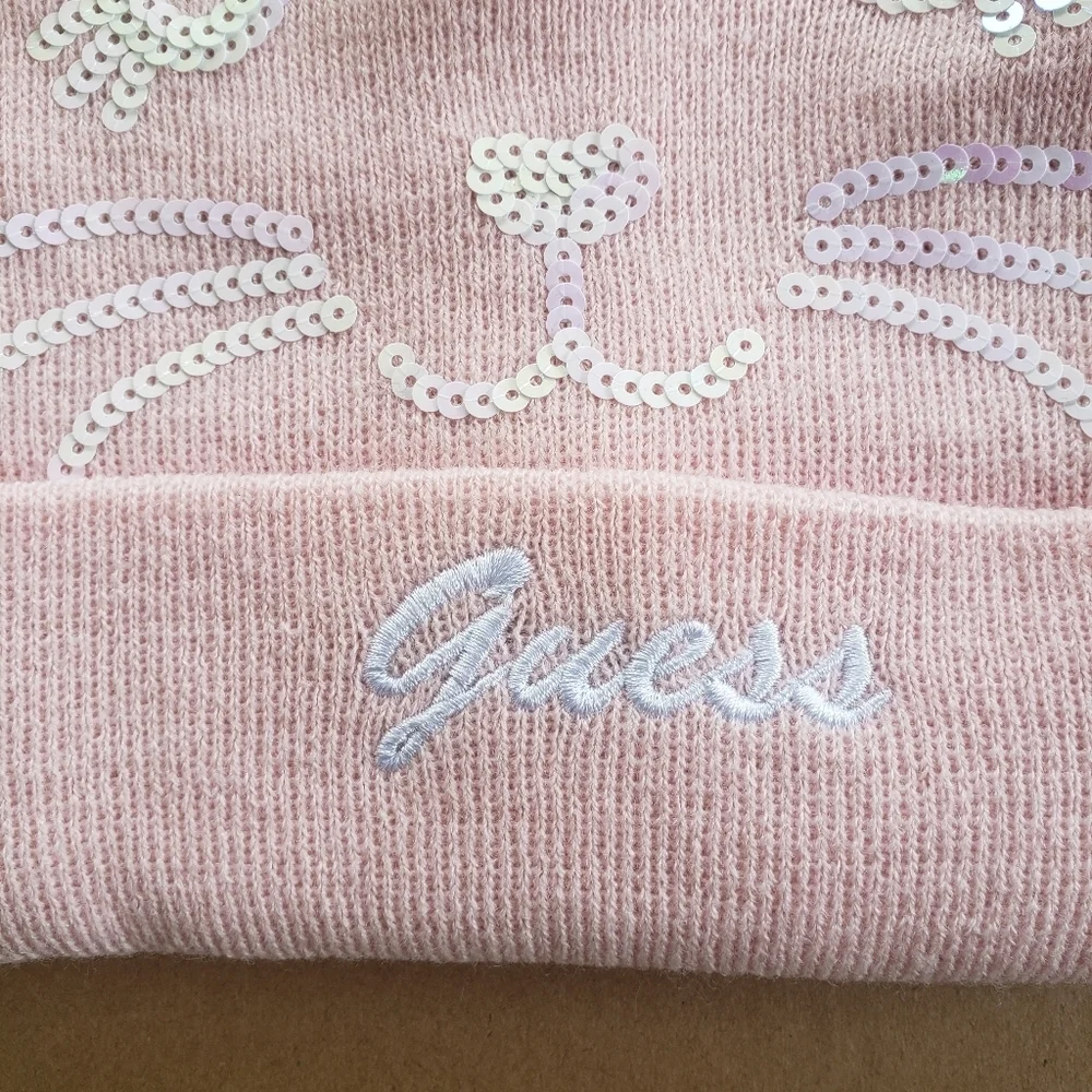 NEW GUESS Pink Cat Sequin Girls Beanie